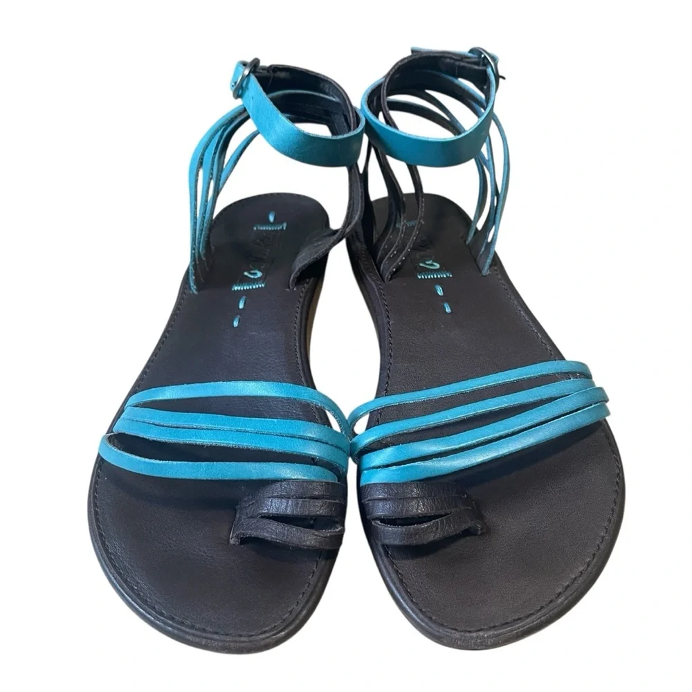 Olukai Leather Beach Sandal Wet Grip Sole Brown & Turquoise Blue Size 6